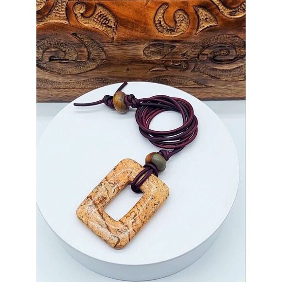Large Picture Jasper Necklace with Leather Cord Natural Gemstone Pendant - Picture 7 of 8